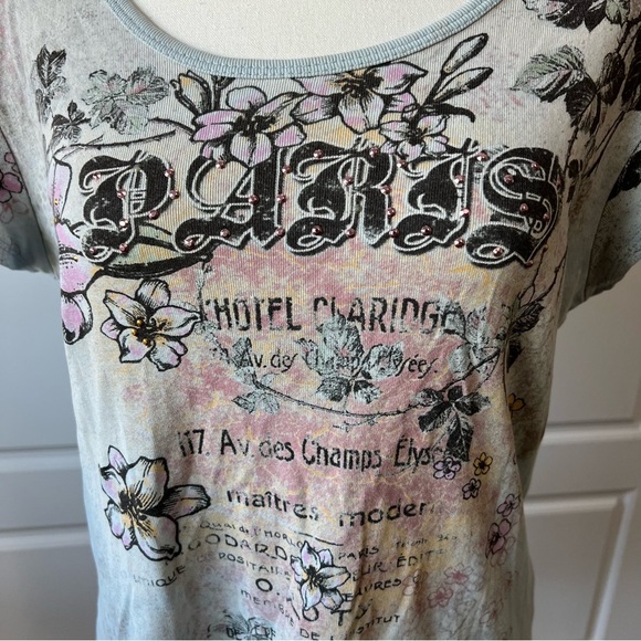 Paris Graphic Tee Rhinestone Accents Floral Print Short Sleeve Top PL - Picture 2 of 6